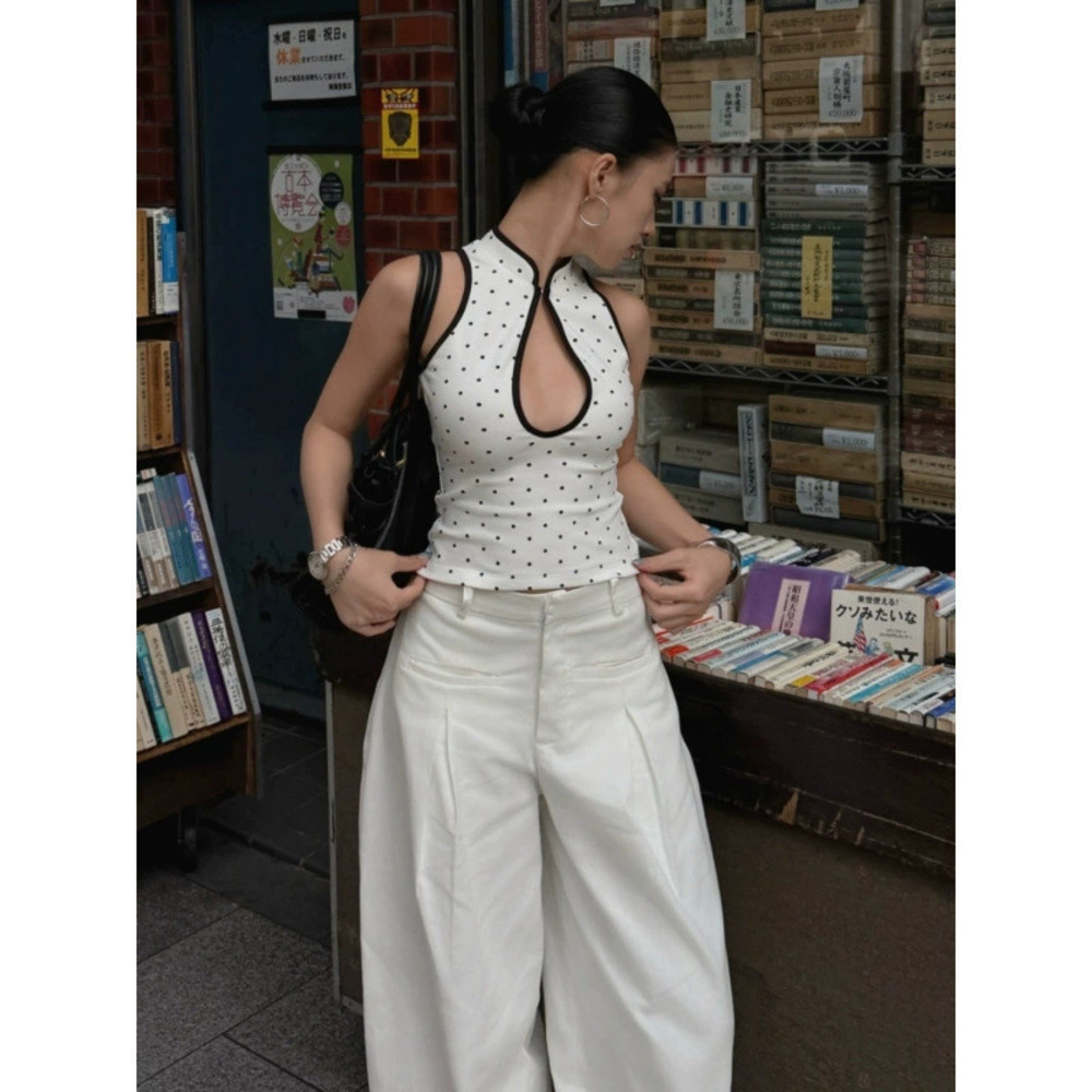 Zara Summer Street Style Polka Dot Sleeveless Hollow Out Stand Collar Vest Top